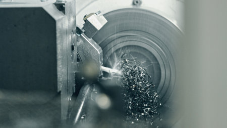 Close up of a metal lathe machine creating metal shavings while coolant sprays onto the workpiece. Showcasing the precision and efficiency of modern manufacturing processes in industrial metalworkingの写真素材