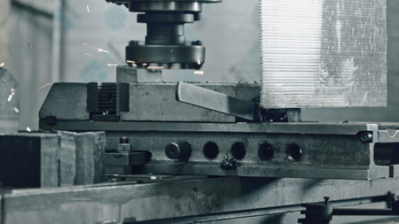 Automated milling machine is making metal detail on factory, with sparks flying, demonstrating precision and efficiency in modern manufacturing processの写真素材