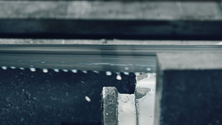 Close up of a fast spinning industrial bandsaw blade cutting a metal profile, with metal shavings...