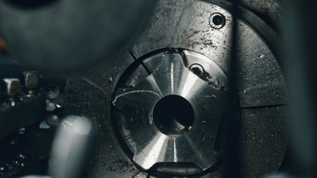 Close up view of a cnc lathe machine cutting a metal workpiece, highlighting precision and automation in the industrial metal production process. Showcasing advanced technology and engineeringの写真素材