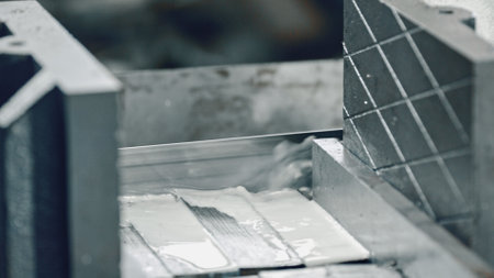 Industrial band saw cutting metal profile with coolant lubrication. Ensuring smooth operation and precise cuts in a manufacturing workshop. Showcasing precision engineering and metalworking processesの写真素材