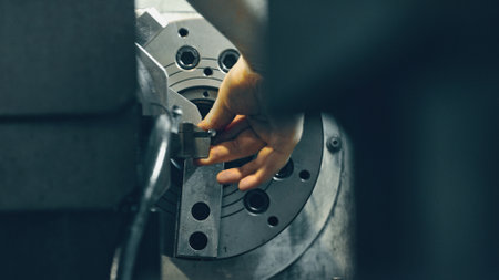 Close up of a factory worker's hand adjusting a metal piece in a lathe, highlighting the precision...