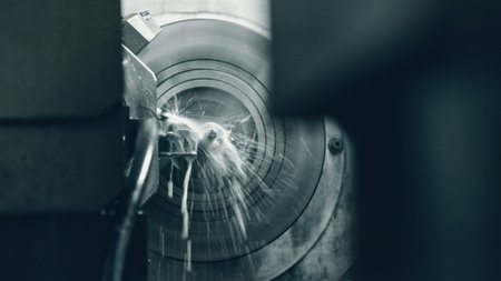Coolant splashing from a lathe machine during the metal cutting process, illustrating the dynamic nature of industrial manufacturing and precision engineering in actionの写真素材
