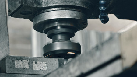 Close up of a milling machine cutting a metal detail in a factory, showing the precision and power...