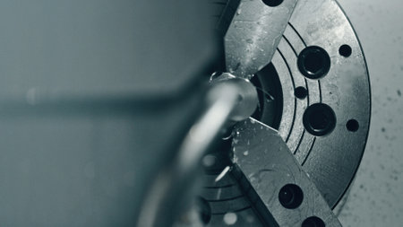 Close up of metal lathe rotating and holding metal rod with chuck during metalworking process in...