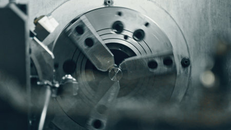 Close up of a metal lathe rotating and shaping a metal workpiece, demonstrating precision engineering and manufacturing processes in action within an industrial settingの写真素材