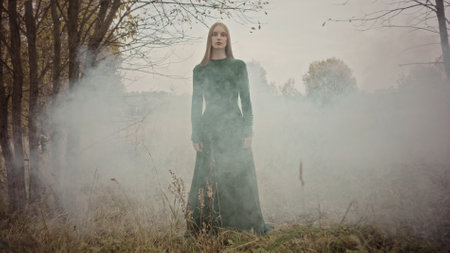 Fashion model posing gracefully in a misty forest, adorned in a flowing green dress, evokes a mysterious and enchanting atmosphere highlighted by rich autumnal huesの写真素材