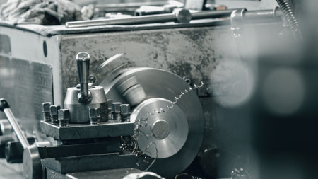 Metalworking lathe machine shaping a metal part while producing spiral metal shavings in a bustling factory workshop, highlighting the precision and efficiency of industrial manufacturing processesの写真素材