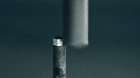 Industrial metalworking process shaping a metal rod with automated machinery in a factory setting, showing precision and efficiency in manufacturingの写真素材