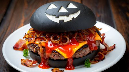 A close-up view of a Halloween burger with a black bun carved into a Jack O Lantern face. The burger is filled with a thick patty, melted cheese, crispy bacon, fried onions, and drizzled with a generous amount of red sauce. The burger is presented on a white plate with a dark wooden background.の素材