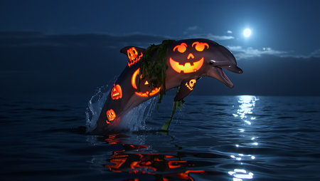 A dolphin with carved jack-o'-lantern faces glowing on its body leaps out of dark ocean water under a bright full moon. Green seaweed is draped around its neck. The water reflects the moonlight and the glowing pumpkin faces.の素材