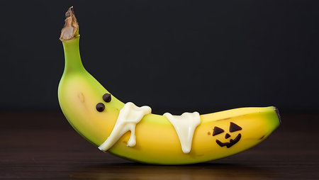 A ripe banana is decorated to look like a ghost for Halloween. Two chocolate chips form eyes, and white icing is drizzled down its body. A small Jack O Lantern face is drawn on the end of the banana with dark icing. The fruit is set against a dark, plain background.の素材