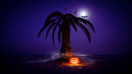 A dark and eerie Halloween night scene unfolds on a beach. A solitary palm tree stands silhouetted against a deep purple sky illuminated by a bright full moon. At the base of the tree, a glowing jack-o'-lantern casts an orange light, surrounded by wisps of fog. Several bats fly in the distance.の素材
