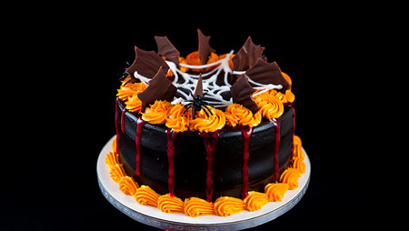 A dark chocolate Halloween cake decorated with orange frosting swirls, red icing drips, chocolate bat wings, and a white spiderweb with a small spider. The cake is presented on a white stand against a black background.の素材