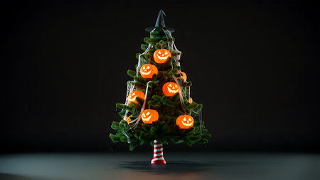 A green Christmas tree is decorated for Halloween with small Jack O Lantern ornaments, cobwebs, and a black witch hat on top. The tree has a striped red and white base. The background is dark and plain, highlighting the unusual holiday fusion.の素材