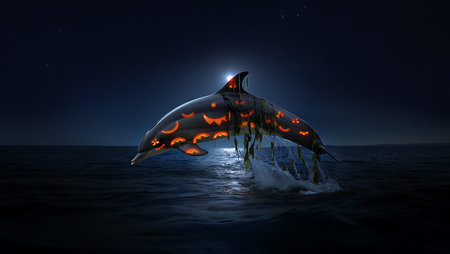 A surreal image of a dolphin leaping from the dark ocean at night. The dolphin's body is carved with glowing jackolantern faces, and strands of seaweed hang from its fins. The scene is illuminated by moonlight, creating a spooky and festive Halloween atmosphere.の素材