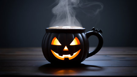 A black ceramic mug shaped like a Halloween pumpkin with a carved jack o lantern face sits on a dark wooden surface. The pumpkin's face glows with an internal orange light. Steam rises from the hot coffee or beverage inside the mug, which has a frothy top. A small bat detail is on the handle.の素材