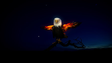 A powerful eagle with its wings spread wide is perched on a dark, gnarled branch. Its wings are ablaze with fiery orange and yellow light, creating a dramatic contrast against the deep blue-black night sky. A few distant stars twinkle in the darkness. The eagle's gaze is intense and direct.の素材
