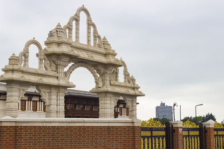 London, United Kingdom - June 3, 2016: View of the Shri Swaminarayan Hindu Mandir temple, or Neasden temple due to its location, the first and biggest traditional hindu stone temple of England, in London, United Kingdom.のeditorial素材
