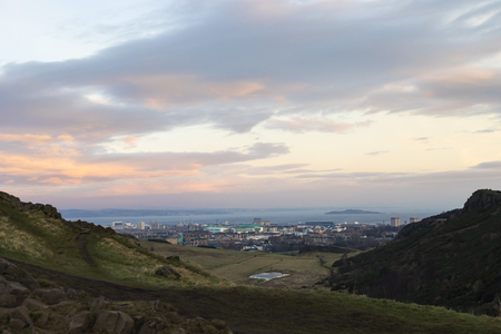 Landscape view of the Arthur Seat and Holyrood Park in Edinburgh, Scotland, UKの写真素材