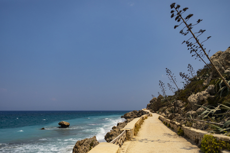 Landscape view of the dreamy azure turquoise sea surrounding the Greek island of Rhodes in Greece, Europe.の写真素材