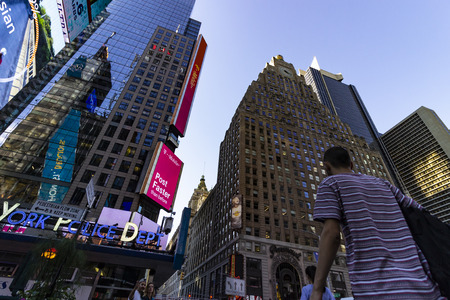 New York City, USA - October 10, 2017: Street view of the buildings of Time Square in New York City.
