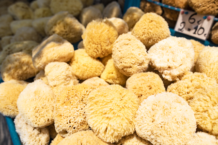 View of a street market stand of natural marine sea sponges collected by the fishermen in the sea.の写真素材