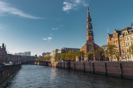 Hamburg, Germany - November 17, 2018: View of the Elbe river, going through the iconic Speicherstadt...