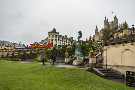 Bath, England - September 22, 2018: View of the Parade Gardens park in the city of Bath in England.