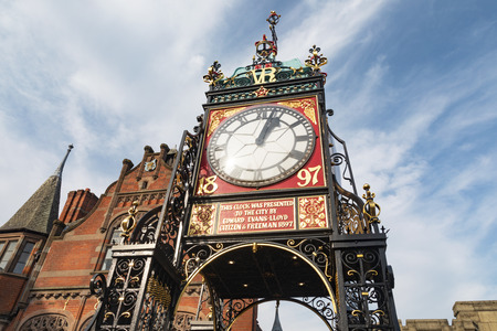 Chester, England - February 23, 2019: view of the iconic clock tower of Chester, also known as the...
