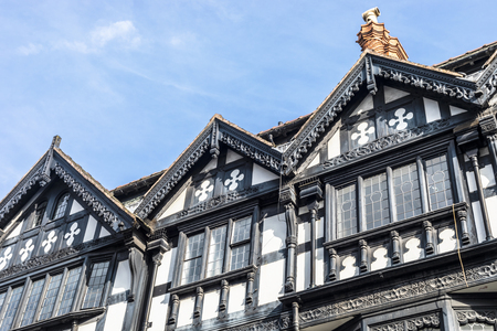 Chester, England - February 23, 2019: Architecture details of the old fashioned looking houses and homes.のeditorial素材