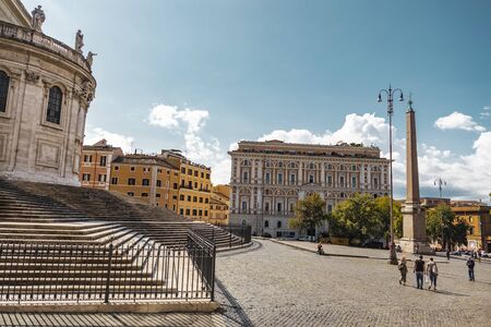 Rome, Italy - October 3, 2019: View of the traditional and classical roman architecture of the...