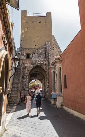 Taormina Sicily, Italy - July 9 2019: View of the Corso Umberto street in Taormina in Sicily Italy.のeditorial素材