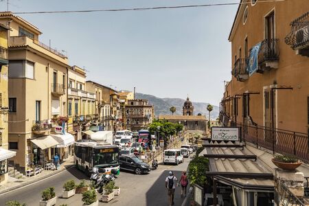 Taormina Sicily, Italy - July 9 2019: Cityscape view of the old town of Taormina with the church of Saint Pancras in the backgroundのeditorial素材