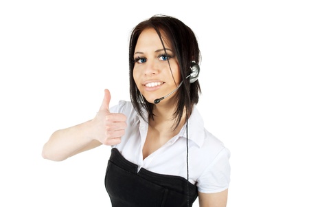 Business woman with head set, Thumb up. Isolated on whiteの写真素材