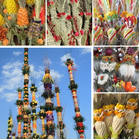 collage with floral  palms , traditional woven palms for Easter Sunday celebration in Polandの写真素材