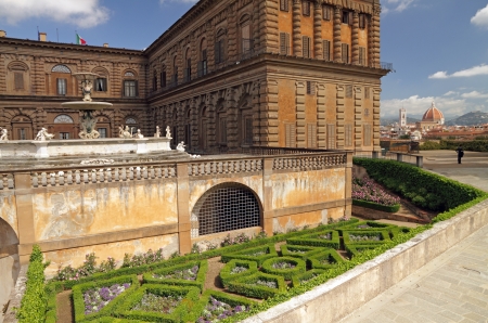 entrance to the Boboli Gardens in Florence with view of Pitti Palace and the cityscape on the backgroundの写真素材