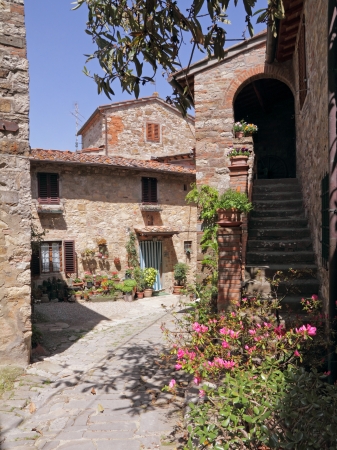 pictorial courtyard in tuscan medieval village Montefioralle near Greve in Chianti , Italy, Europeの写真素材