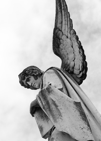 angel holding a book, antique statue on cemeteryの写真素材