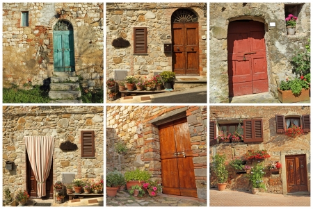 postcard with rustic tuscan doors, Italyの写真素材
