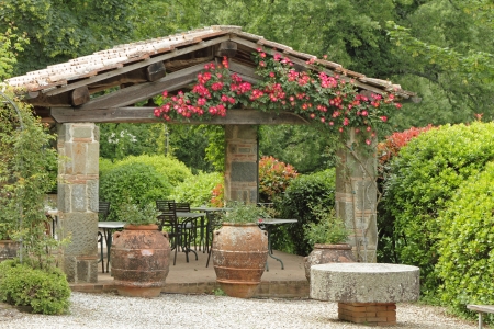 elegant covered terrace in Tuscany, Italy, Europeの写真素材