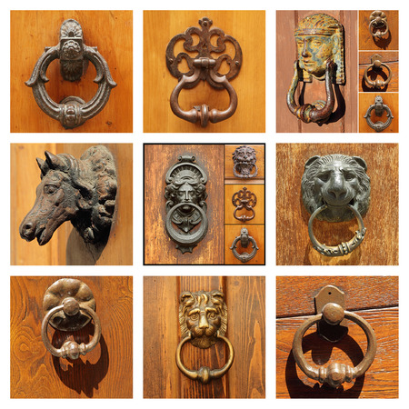 beautiful old door knockers collection as backgroundの写真素材