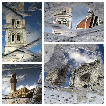 wonderful Florence artistic collage   florentine landmarks reflected  in puddle のeditorial素材