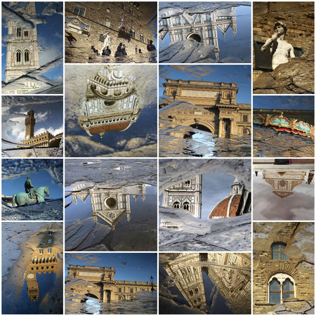 Florence art collage made of landmarks mirrored in the puddles, Italyの写真素材
