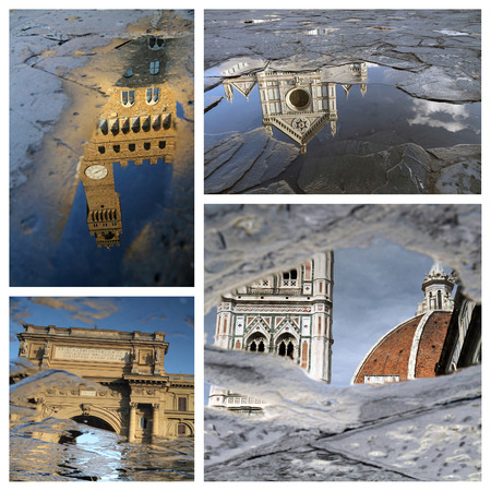 beautiful mirrored landmarks of Florence in puddles ( Old Palace, Santa Croce church, the Arch on  Republic Square  and Santa Maria del Fiore )の写真素材
