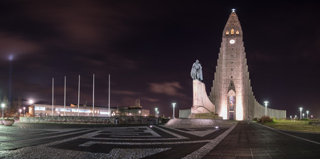 Hallgrimskirkja church Reykjavik Iceland taken at night with Lief Erickson statueの写真素材