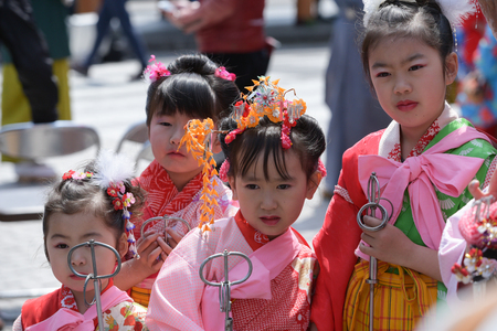 NIKKO, JAPAN - APRIL 16: People of Nikko celebrate Yayoi festival on April 16, 2016 in Nikko where World-Heritage Shrines and Temples are located on  . It is a traditional event, which started in 767-770 and for 2016 year are cerebate 2 days on 16-17 Apriのeditorial素材