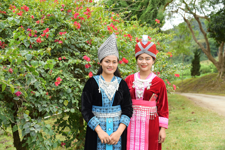 Chiang Rai, Thailand - January 3, 2017: Portrait of Unidentified H'mong girls wearing traditional dress during Lunar New Year holiday in Chiang rai,Thailand.のeditorial素材