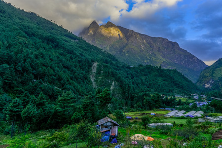 View of Mt.everest range with green village in last Octoberの写真素材