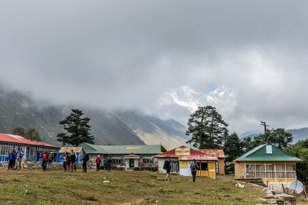 trekker walking to the hotel everest view in everest trek region in Nepal.のeditorial素材